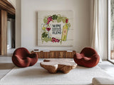 Wine and Friends V by Janelle Penner. Shown as extra-large giant wall art in a modern living room. Available as an archival giclee rolled canvas, fine art paper, or poster print. SKU 33287a.