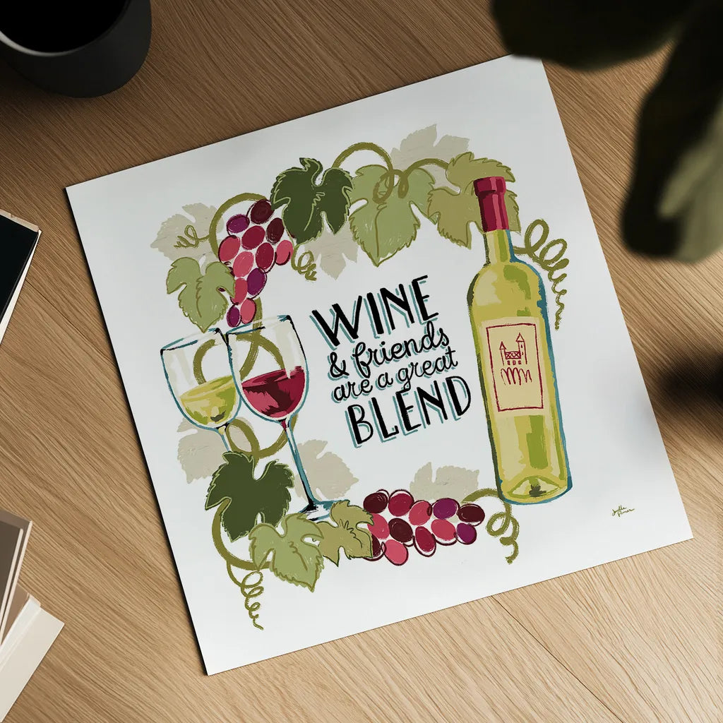 Wine and Friends V on White by Janelle Penner. Shown as a detailed flat fine art print, highlighting archival giclee quality. Available as an archival giclee rolled canvas, fine art paper, or poster print. SKU 34539a.