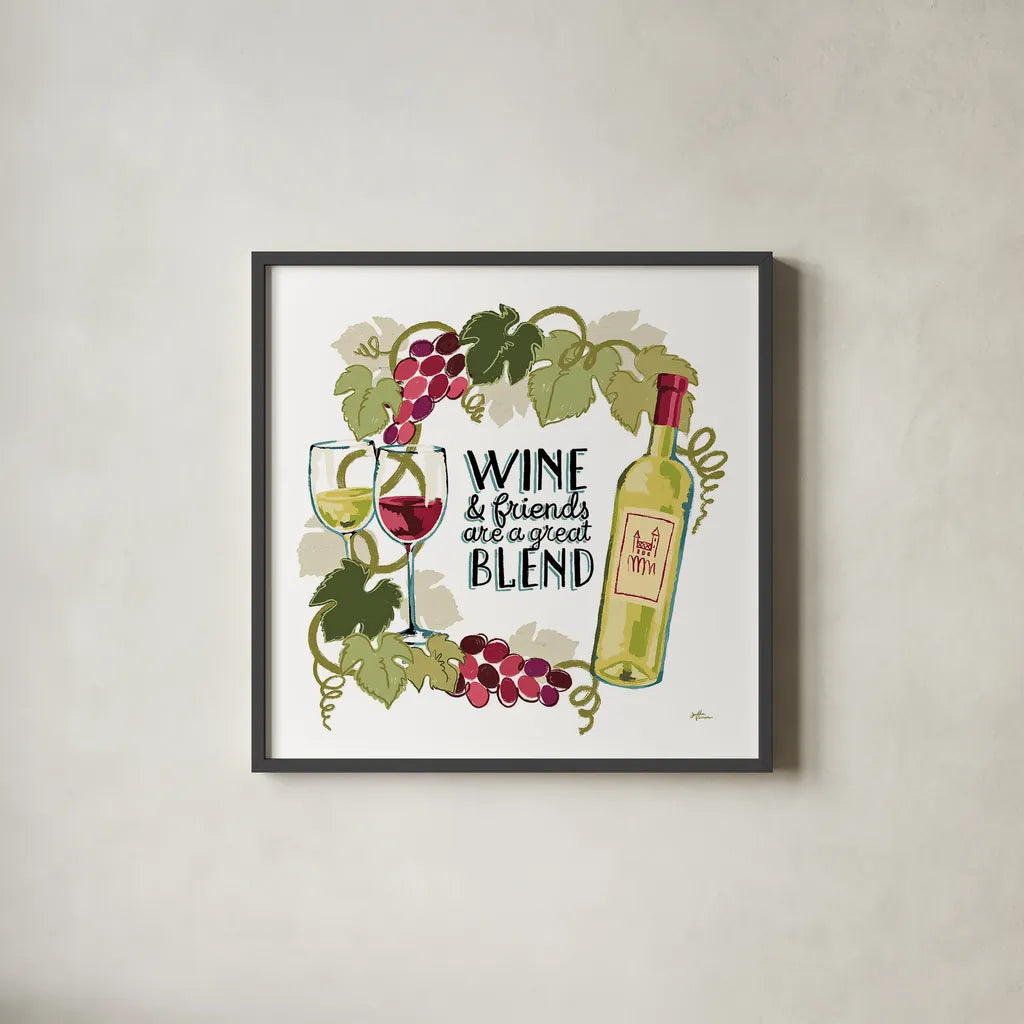 Wine and Friends V on White by Janelle Penner. Shown in a sleek black glass frame for a contemporary gallery look. Available as an archival giclee rolled canvas, fine art paper, or poster print. SKU 34539a.