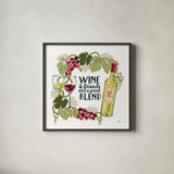 Wine and Friends V on White by Janelle Penner. Shown in a sleek black glass frame for a contemporary gallery look. Available as an archival giclee rolled canvas, fine art paper, or poster print. SKU 34539a.