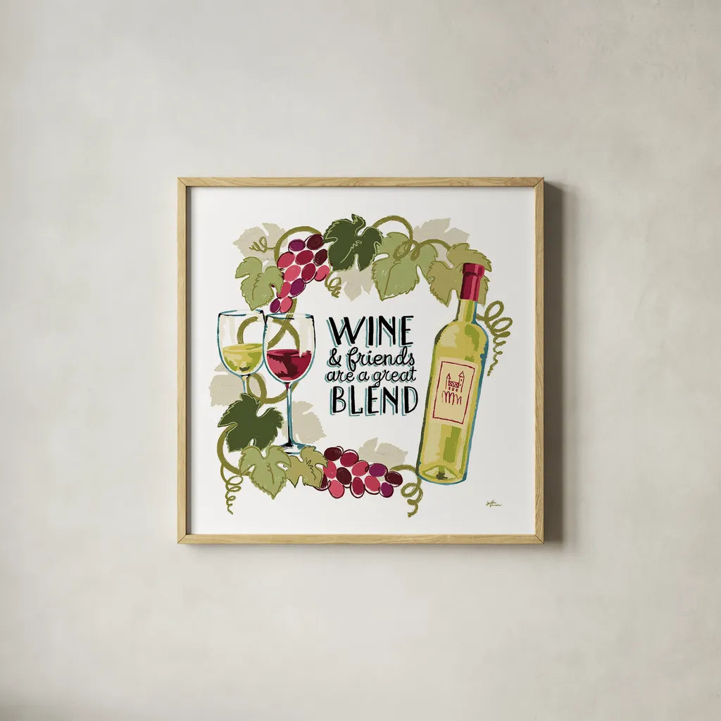Wine and Friends V on White by Janelle Penner. Shown in a natural wood glass frame for a timeless modern aesthetic. Available as an archival giclee rolled canvas, fine art paper, or poster print. SKU 34539a.