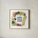 Wine and Friends V on White by Janelle Penner. Shown in a natural wood glass frame for a timeless modern aesthetic. Available as an archival giclee rolled canvas, fine art paper, or poster print. SKU 34539a.