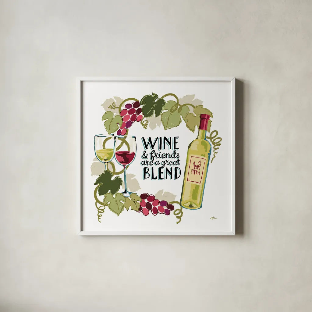 Wine and Friends V on White by Janelle Penner. Shown in a crisp white glass frame for a clean and minimalist style. Available as an archival giclee rolled canvas, fine art paper, or poster print. SKU 34539a.