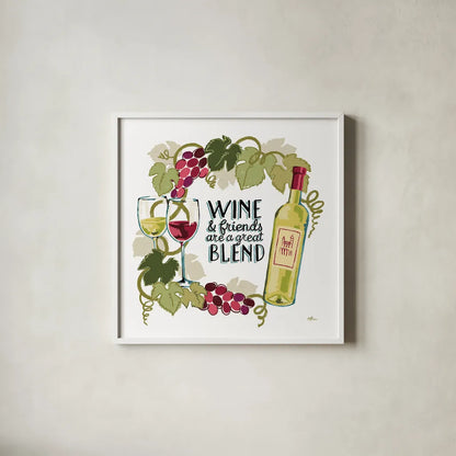 Wine and Friends V on White by Janelle Penner. Shown in a crisp white glass frame for a clean and minimalist style. Available as an archival giclee rolled canvas, fine art paper, or poster print. SKU 34539a.