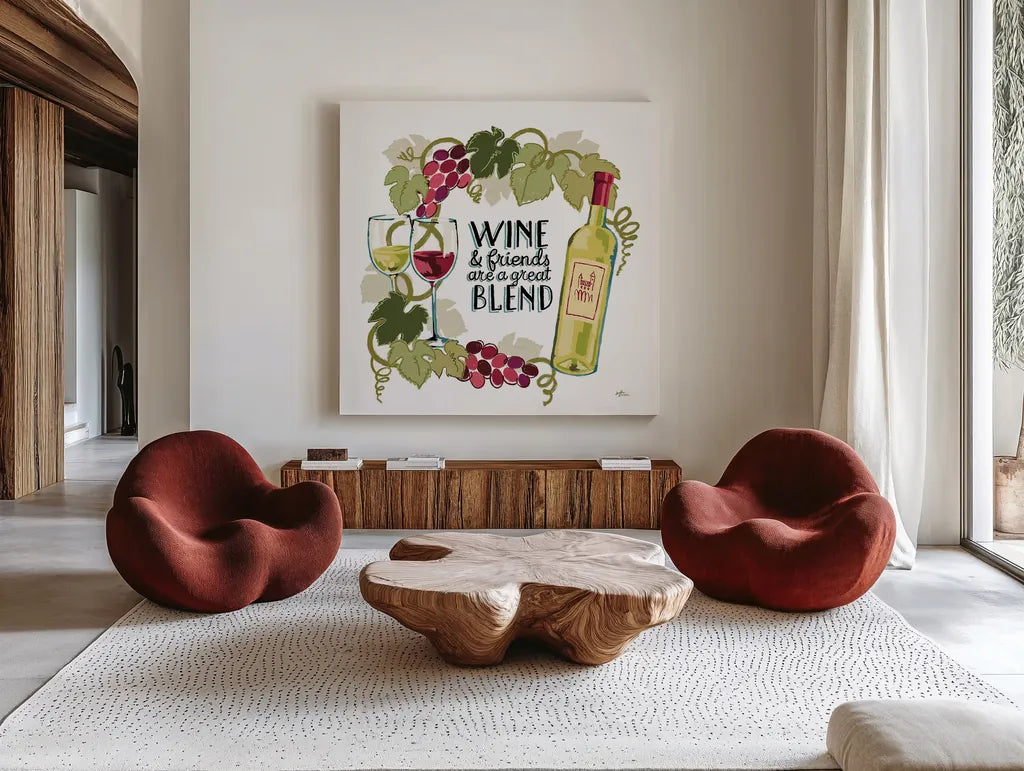 Wine and Friends V on White by Janelle Penner. Shown as extra-large giant wall art in a modern living room. Available as an archival giclee rolled canvas, fine art paper, or poster print. SKU 34539a.