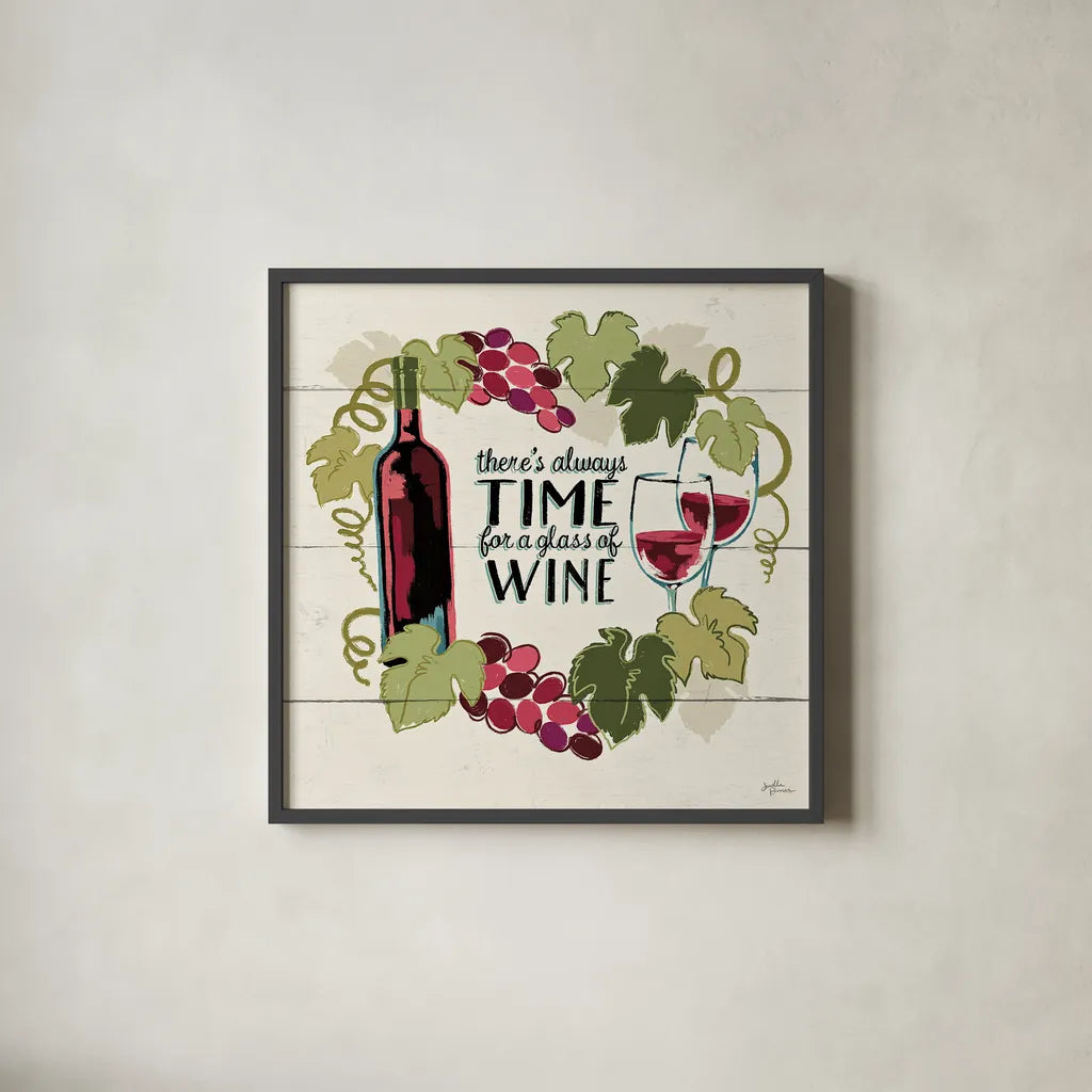 Wine and Friends VI by Janelle Penner. Shown in a sleek black glass frame for a contemporary gallery look. Available as an archival giclee rolled canvas, fine art paper, or poster print. SKU 37917a.