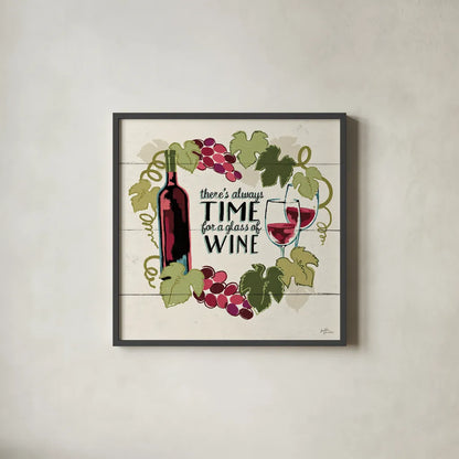 Wine and Friends VI by Janelle Penner. Shown in a sleek black glass frame for a contemporary gallery look. Available as an archival giclee rolled canvas, fine art paper, or poster print. SKU 37917a.