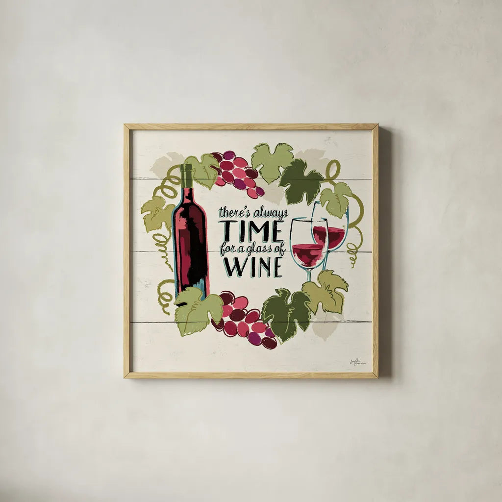 Wine and Friends VI by Janelle Penner. Shown in a natural wood glass frame for a timeless modern aesthetic. Available as an archival giclee rolled canvas, fine art paper, or poster print. SKU 37917a.