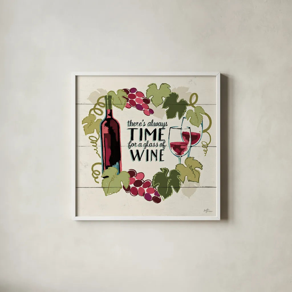 Wine and Friends VI by Janelle Penner. Shown in a crisp white glass frame for a clean and minimalist style. Available as an archival giclee rolled canvas, fine art paper, or poster print. SKU 37917a.