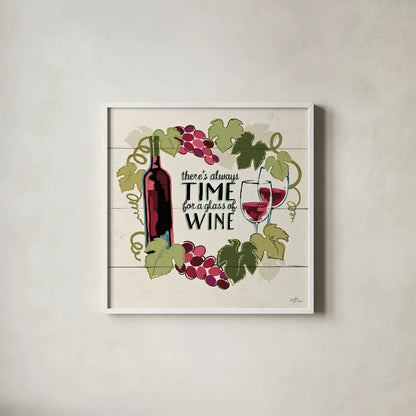 Wine and Friends VI by Janelle Penner. Shown in a crisp white glass frame for a clean and minimalist style. Available as an archival giclee rolled canvas, fine art paper, or poster print. SKU 37917a.