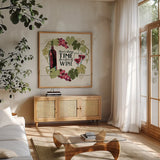 Wine and Friends VI by Janelle Penner. Shown in a natural wood frame in a cozy modern living room. Available as an archival giclee rolled canvas, fine art paper, or poster print. SKU 37917a.