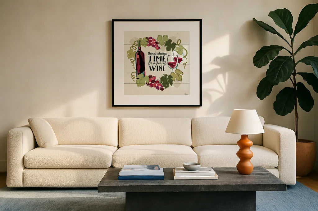 Wine and Friends VI by Janelle Penner. Displayed in a glass frame with matte in a clean modern living room. Available as an archival giclee rolled canvas, fine art paper, or poster print. SKU 37917a.