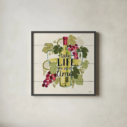 Wine and Friends VII by Janelle Penner. Shown in a sleek black glass frame for a contemporary gallery look. Available as an archival giclee rolled canvas, fine art paper, or poster print. SKU 37918a.