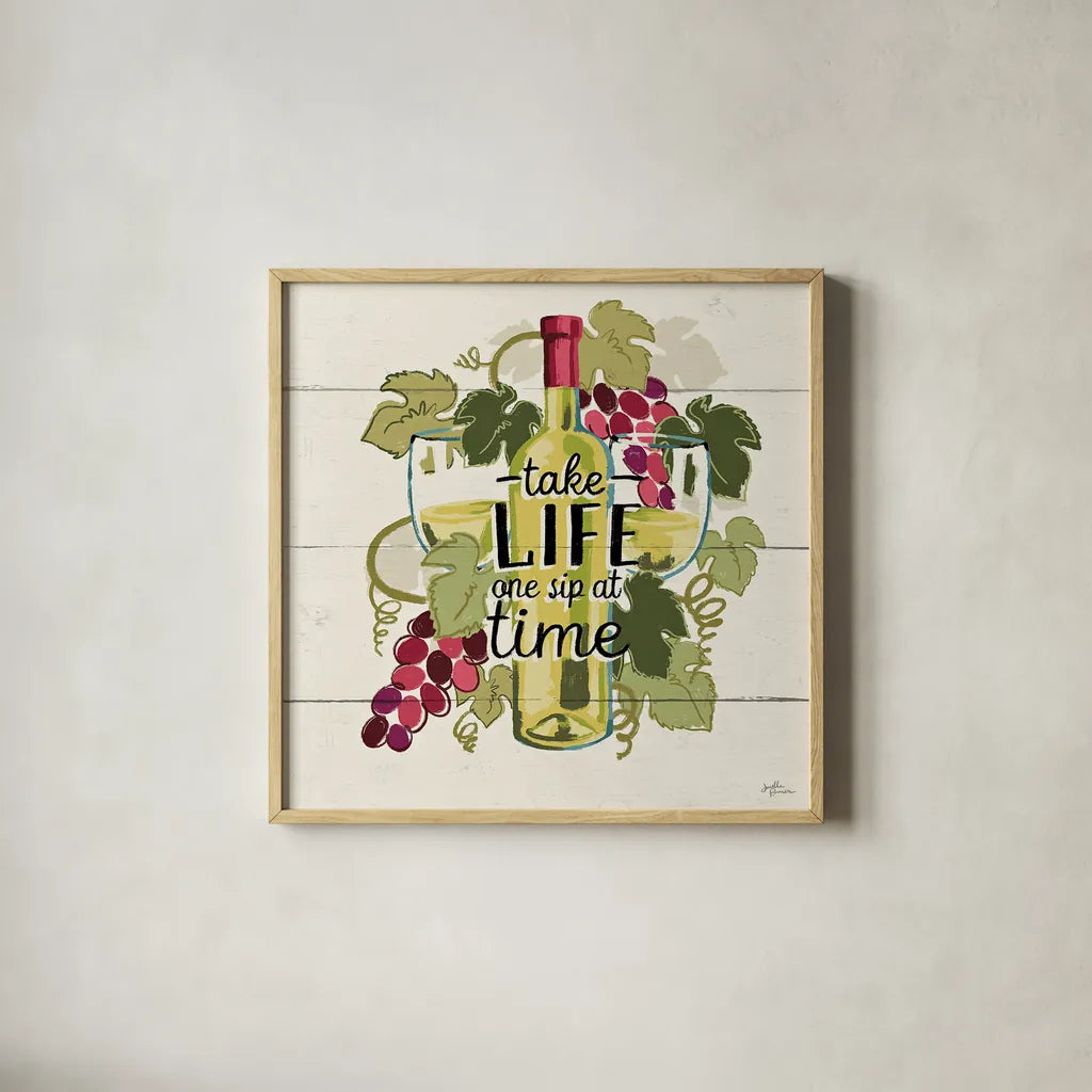 Wine and Friends VII by Janelle Penner. Shown in a natural wood glass frame for a timeless modern aesthetic. Available as an archival giclee rolled canvas, fine art paper, or poster print. SKU 37918a.