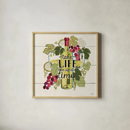 Wine and Friends VII by Janelle Penner. Shown in a natural wood glass frame for a timeless modern aesthetic. Available as an archival giclee rolled canvas, fine art paper, or poster print. SKU 37918a.