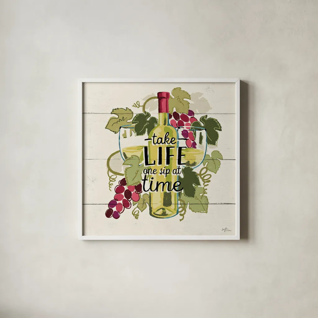 Wine and Friends VII by Janelle Penner. Shown in a crisp white glass frame for a clean and minimalist style. Available as an archival giclee rolled canvas, fine art paper, or poster print. SKU 37918a.