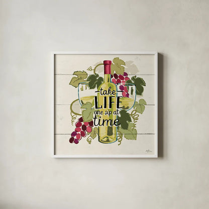 Wine and Friends VII by Janelle Penner. Shown in a crisp white glass frame for a clean and minimalist style. Available as an archival giclee rolled canvas, fine art paper, or poster print. SKU 37918a.