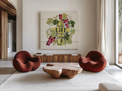 Wine and Friends VII by Janelle Penner. Shown as extra-large giant wall art in a modern living room. Available as an archival giclee rolled canvas, fine art paper, or poster print. SKU 37918a.