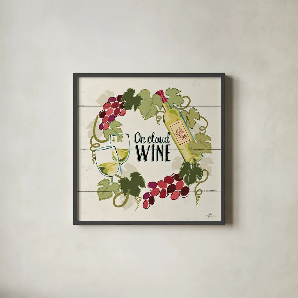 Wine and Friends VIII by Janelle Penner. Shown in a sleek black glass frame for a contemporary gallery look. Available as an archival giclee rolled canvas, fine art paper, or poster print. SKU 37919a.