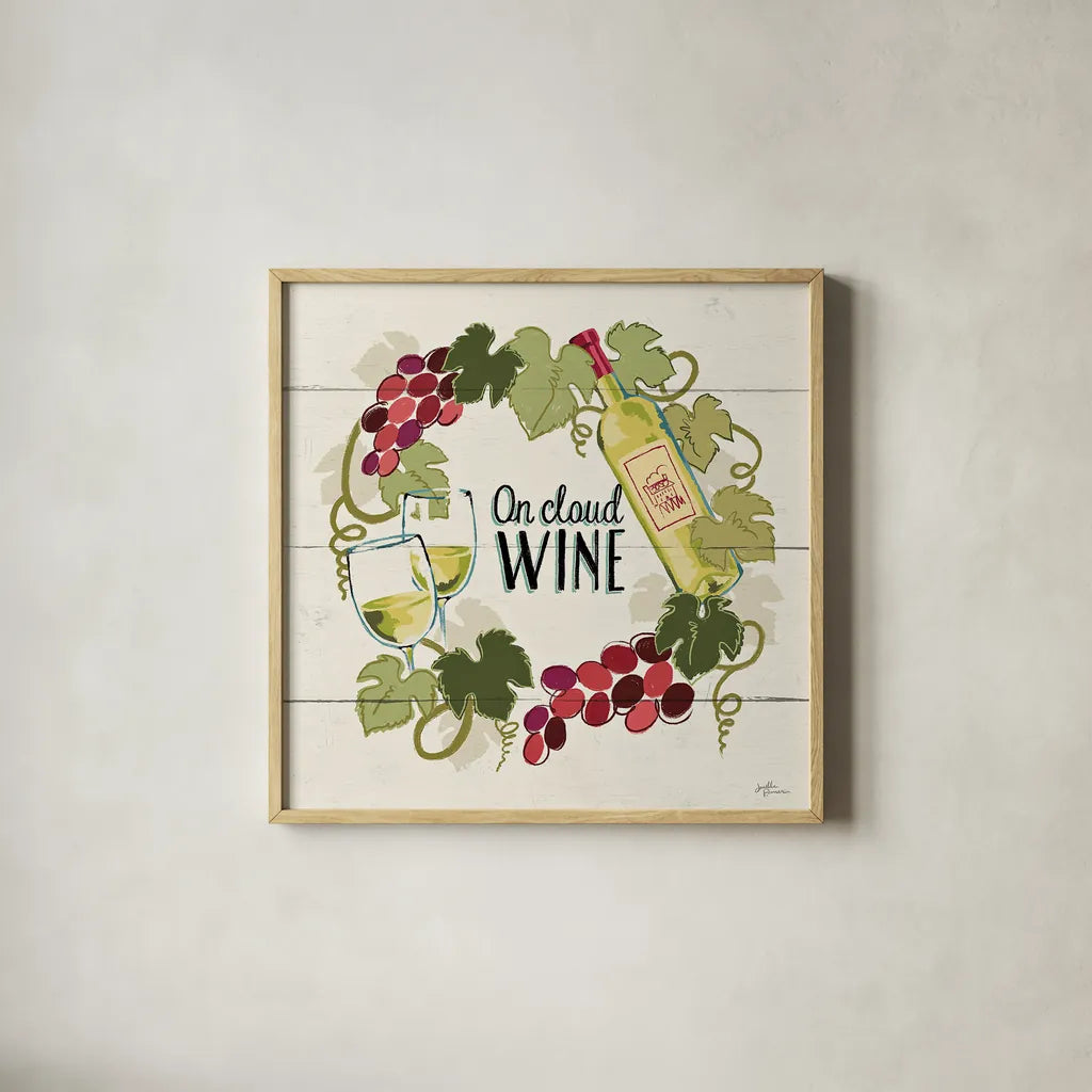 Wine and Friends VIII by Janelle Penner. Shown in a natural wood glass frame for a timeless modern aesthetic. Available as an archival giclee rolled canvas, fine art paper, or poster print. SKU 37919a.