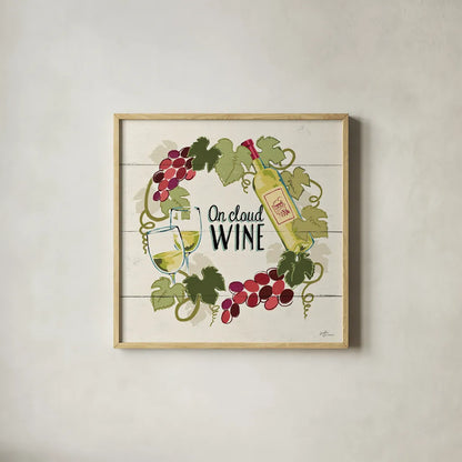 Wine and Friends VIII by Janelle Penner. Shown in a natural wood glass frame for a timeless modern aesthetic. Available as an archival giclee rolled canvas, fine art paper, or poster print. SKU 37919a.