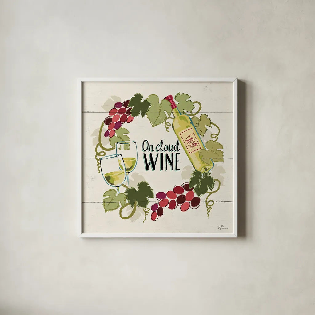 Wine and Friends VIII by Janelle Penner. Shown in a crisp white glass frame for a clean and minimalist style. Available as an archival giclee rolled canvas, fine art paper, or poster print. SKU 37919a.