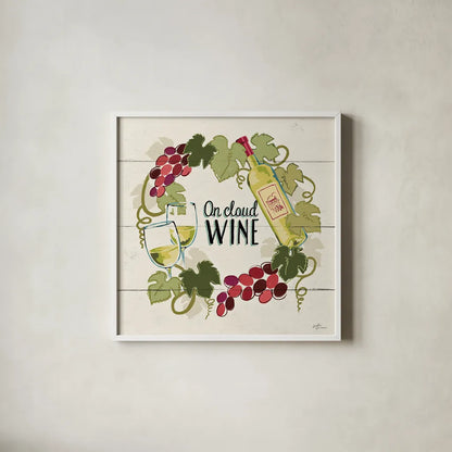 Wine and Friends VIII by Janelle Penner. Shown in a crisp white glass frame for a clean and minimalist style. Available as an archival giclee rolled canvas, fine art paper, or poster print. SKU 37919a.
