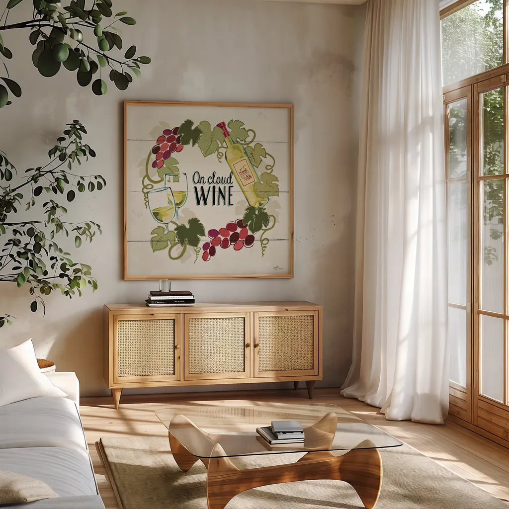 Wine and Friends VIII by Janelle Penner. Shown in a natural wood frame in a cozy modern living room. Available as an archival giclee rolled canvas, fine art paper, or poster print. SKU 37919a.