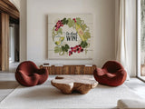 Wine and Friends VIII by Janelle Penner. Shown as extra-large giant wall art in a modern living room. Available as an archival giclee rolled canvas, fine art paper, or poster print. SKU 37919a.