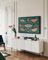 Winged Study I by Janelle Penner. shown as a framed stretched canvas in a living room above a console. Available as a archival giclee rolled canvas, fine art paper, or poster print. SKU 62893i.
