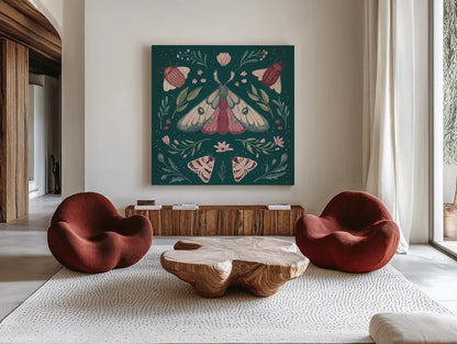 Winged Study II Plum by Janelle Penner. Shown as extra-large giant wall art in a modern living room. Available as an archival giclee rolled canvas, fine art paper, or poster print. SKU 64060a.