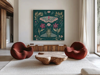 Winged Study III Plum by Janelle Penner. Shown as extra-large giant wall art in a modern living room. Available as an archival giclee rolled canvas, fine art paper, or poster print. SKU 64061a.