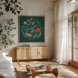 Winged Study V by Janelle Penner. Shown in a natural wood frame in a cozy modern living room. Available as an archival giclee rolled canvas, fine art paper, or poster print. SKU 62897a.