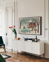 Winter Bliss I by Janelle Penner. shown as a framed stretched canvas in a living room above a console. Available as a archival giclee rolled canvas, fine art paper, or poster print. SKU 63556i.