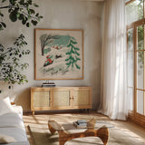 Winter Bliss IV by Janelle Penner. Shown in a natural wood frame in a cozy modern living room. Available as an archival giclee rolled canvas, fine art paper, or poster print. SKU 63559a.