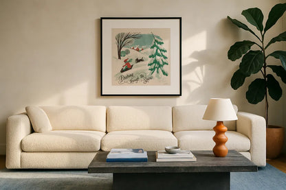 Winter Bliss IV by Janelle Penner. Displayed in a glass frame with matte in a clean modern living room. Available as an archival giclee rolled canvas, fine art paper, or poster print. SKU 63559a.
