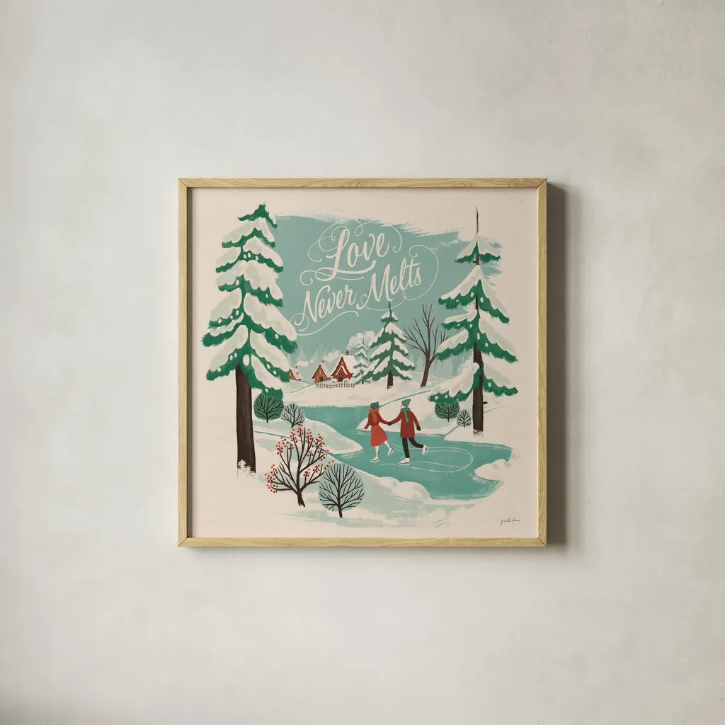 Winter Bliss V by Janelle Penner. Shown in a natural wood glass frame for a timeless modern aesthetic. Available as an archival giclee rolled canvas, fine art paper, or poster print. SKU 63560a.