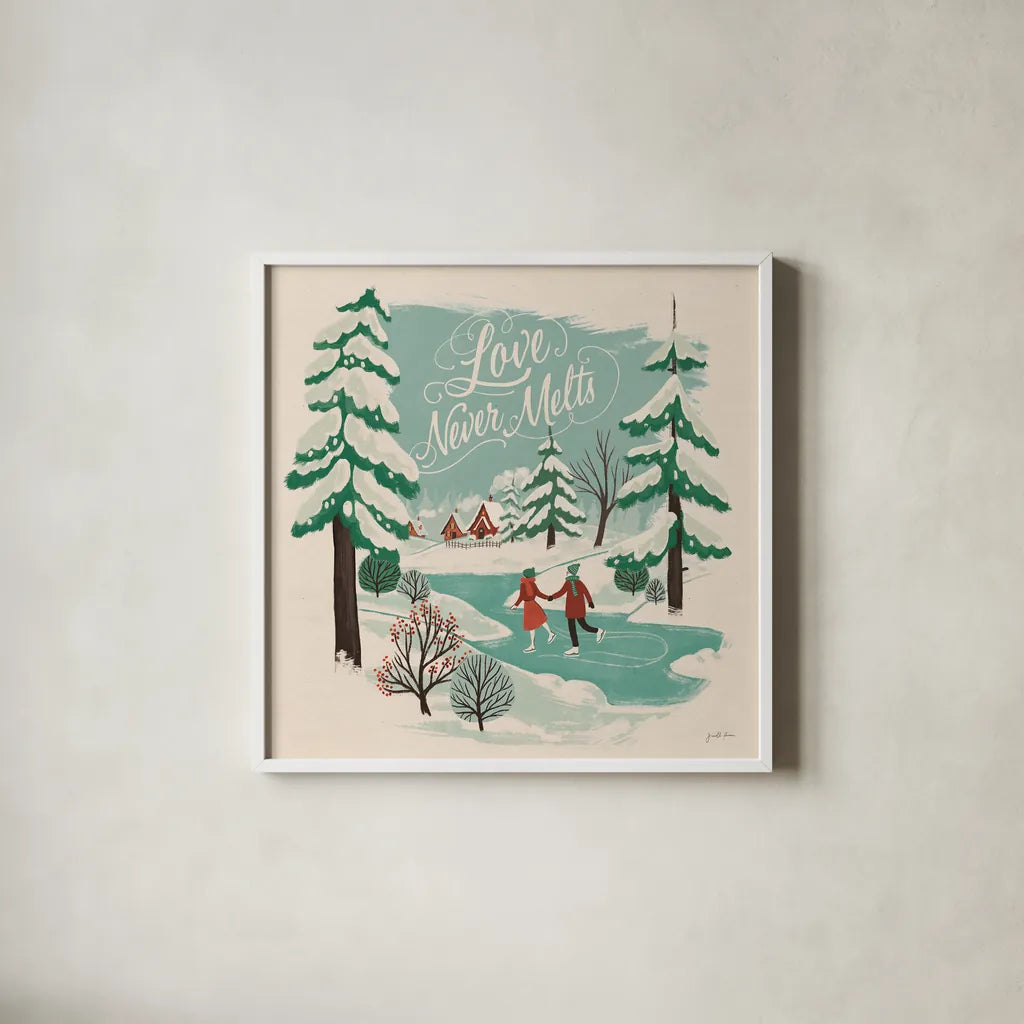 Winter Bliss V by Janelle Penner. Shown in a crisp white glass frame for a clean and minimalist style. Available as an archival giclee rolled canvas, fine art paper, or poster print. SKU 63560a.