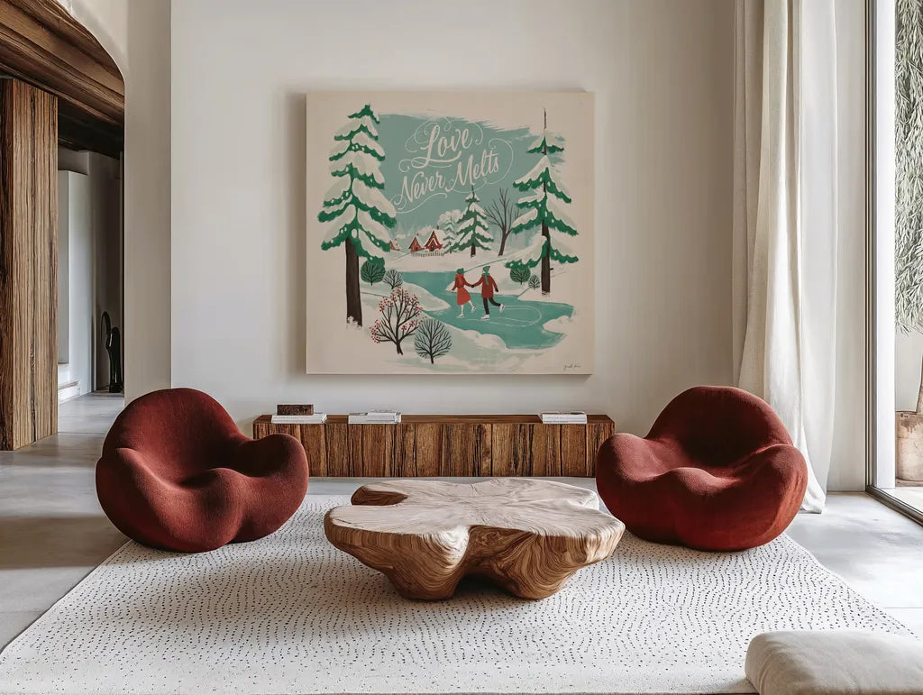 Winter Bliss V by Janelle Penner. Shown as extra-large giant wall art in a modern living room. Available as an archival giclee rolled canvas, fine art paper, or poster print. SKU 63560a.