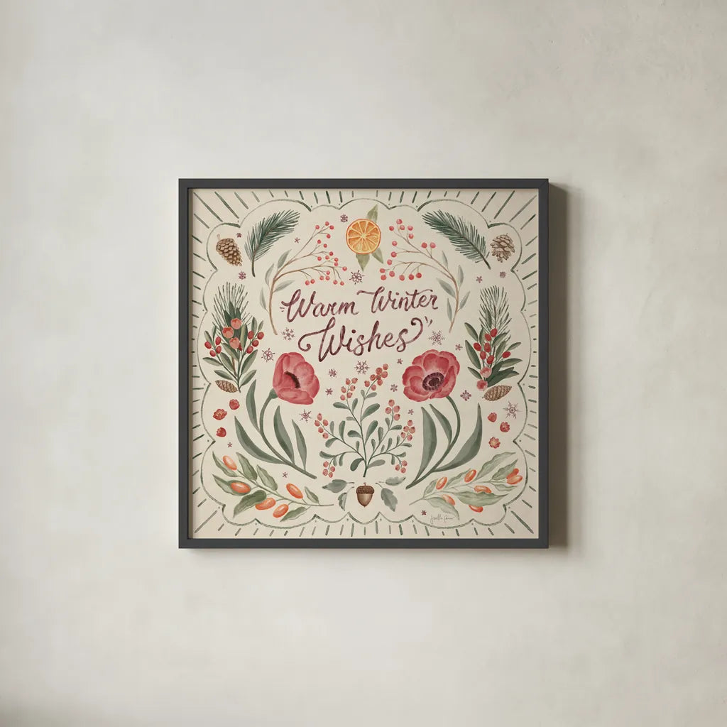 Winter Blooms II by Janelle Penner. Shown in a sleek black glass frame for a contemporary gallery look. Available as an archival giclee rolled canvas, fine art paper, or poster print. SKU 70768a.