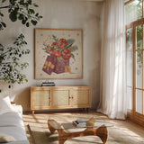 Winter Blooms IV by Janelle Penner. Shown in a natural wood frame in a cozy modern living room. Available as an archival giclee rolled canvas, fine art paper, or poster print. SKU 70770a.