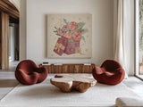 Winter Blooms IV Pink by Janelle Penner. Shown as extra-large giant wall art in a modern living room. Available as an archival giclee rolled canvas, fine art paper, or poster print. SKU 75137a.