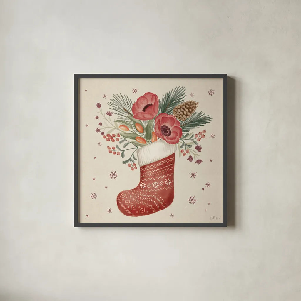 Winter Blooms V by Janelle Penner. Shown in a sleek black glass frame for a contemporary gallery look. Available as an archival giclee rolled canvas, fine art paper, or poster print. SKU 70771a.