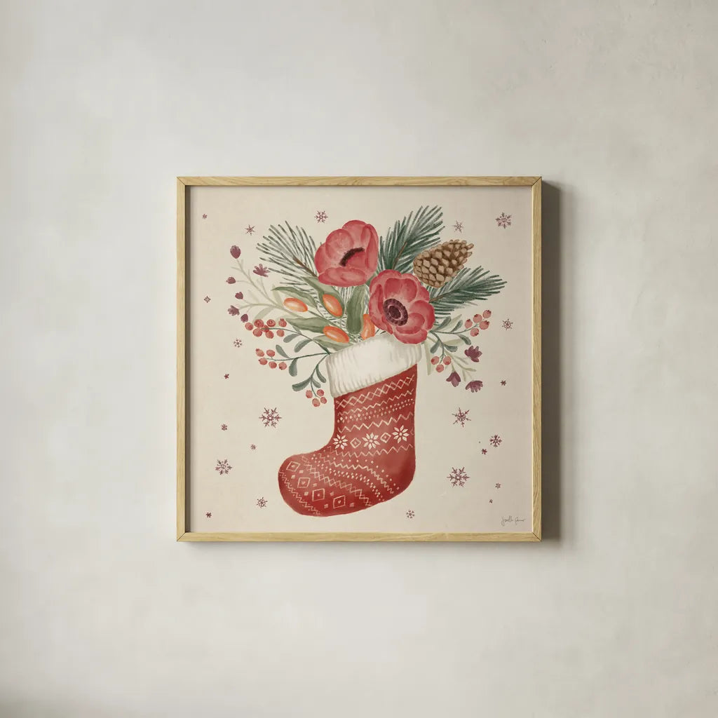 Winter Blooms V by Janelle Penner. Shown in a natural wood glass frame for a timeless modern aesthetic. Available as an archival giclee rolled canvas, fine art paper, or poster print. SKU 70771a.