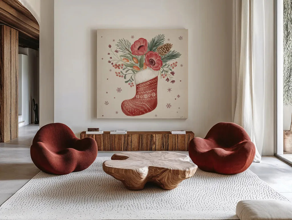 Winter Blooms V by Janelle Penner. Shown as extra-large giant wall art in a modern living room. Available as an archival giclee rolled canvas, fine art paper, or poster print. SKU 70771a.