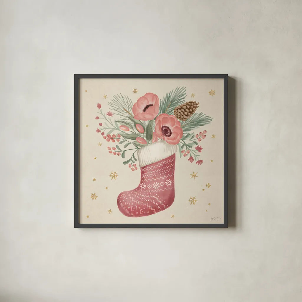 Winter Blooms V Pink by Janelle Penner. Shown in a sleek black glass frame for a contemporary gallery look. Available as an archival giclee rolled canvas, fine art paper, or poster print. SKU 75138a.