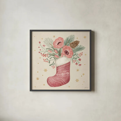 Winter Blooms V Pink by Janelle Penner. Shown in a sleek black glass frame for a contemporary gallery look. Available as an archival giclee rolled canvas, fine art paper, or poster print. SKU 75138a.
