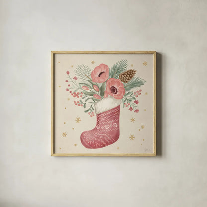 Winter Blooms V Pink by Janelle Penner. Shown in a natural wood glass frame for a timeless modern aesthetic. Available as an archival giclee rolled canvas, fine art paper, or poster print. SKU 75138a.