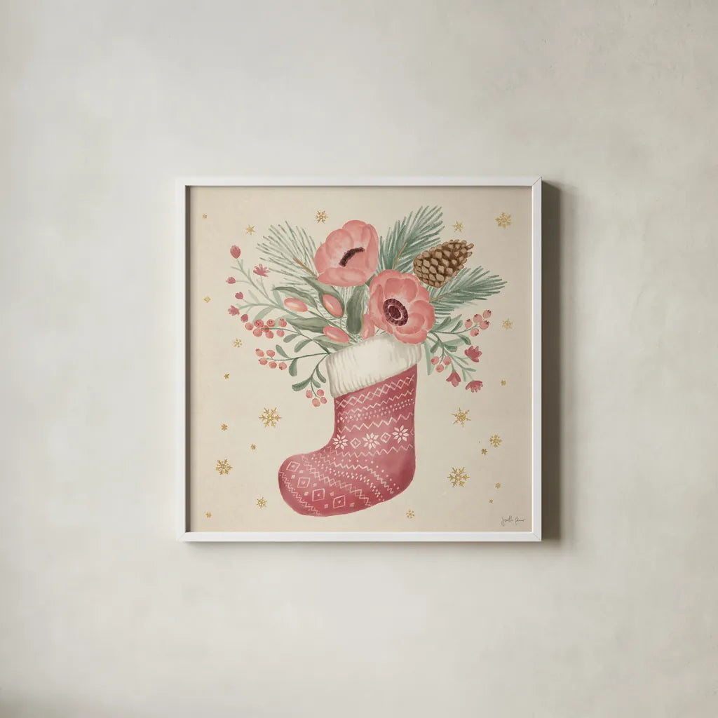 Winter Blooms V Pink by Janelle Penner. Shown in a crisp white glass frame for a clean and minimalist style. Available as an archival giclee rolled canvas, fine art paper, or poster print. SKU 75138a.