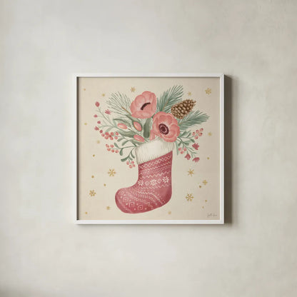 Winter Blooms V Pink by Janelle Penner. Shown in a crisp white glass frame for a clean and minimalist style. Available as an archival giclee rolled canvas, fine art paper, or poster print. SKU 75138a.